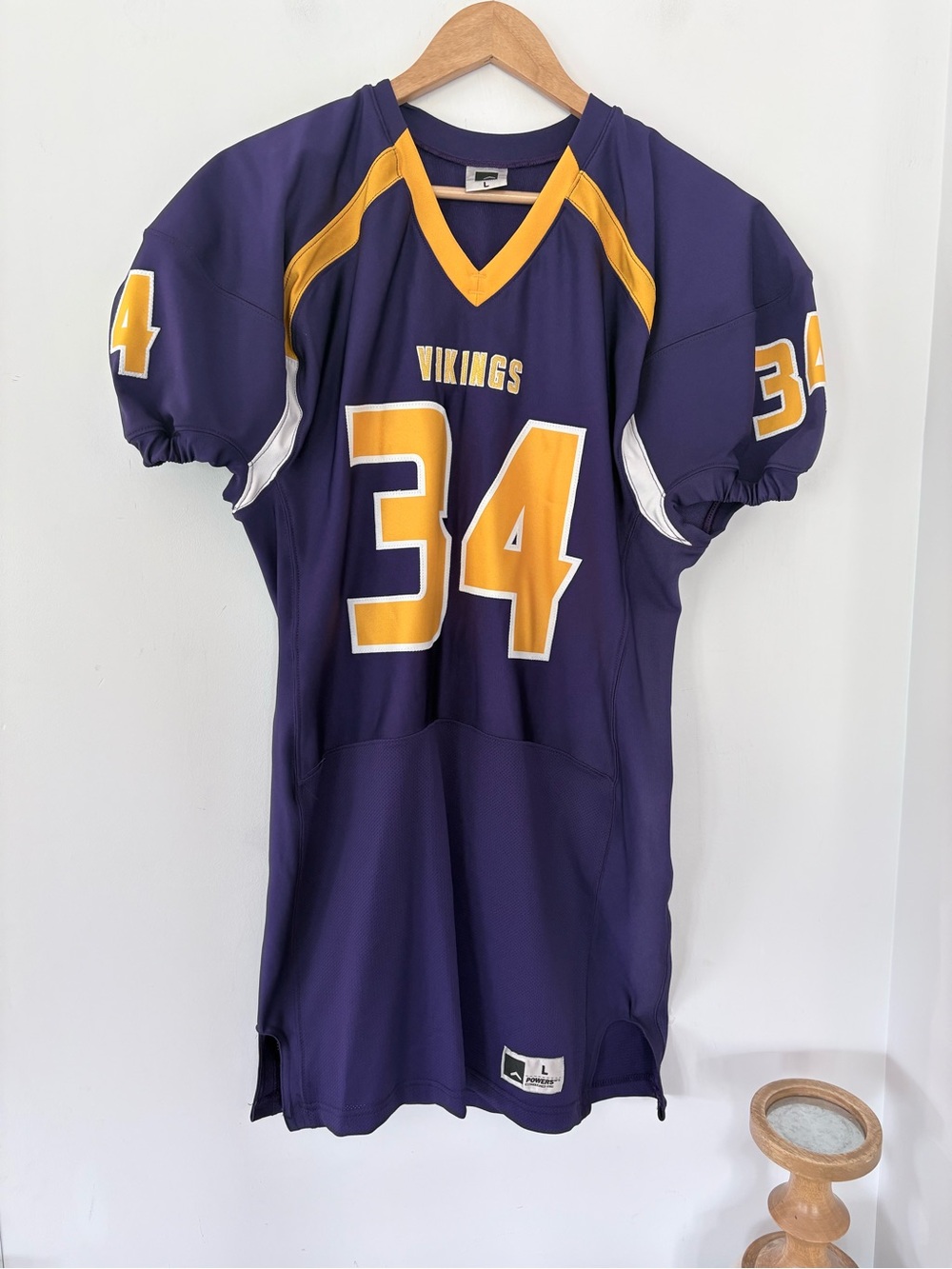 MN VIKINGS Purple Gold Jersey/Dress LARGE 36” L V-Neck Puff SS NFL POWERS MFG